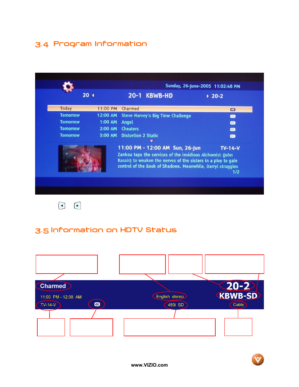 4 program information, 5 information on hdtv status | Vizio VP50 HDTV20A User Manual | Page 35 / 77