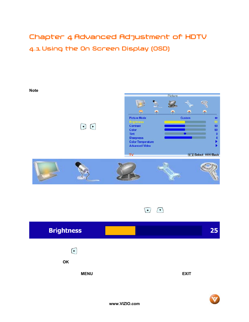 Chapter 4 advanced adjustment of hdtv, 1 using the on screen display (osd) | Vizio VP50 HDTV20A User Manual | Page 36 / 77