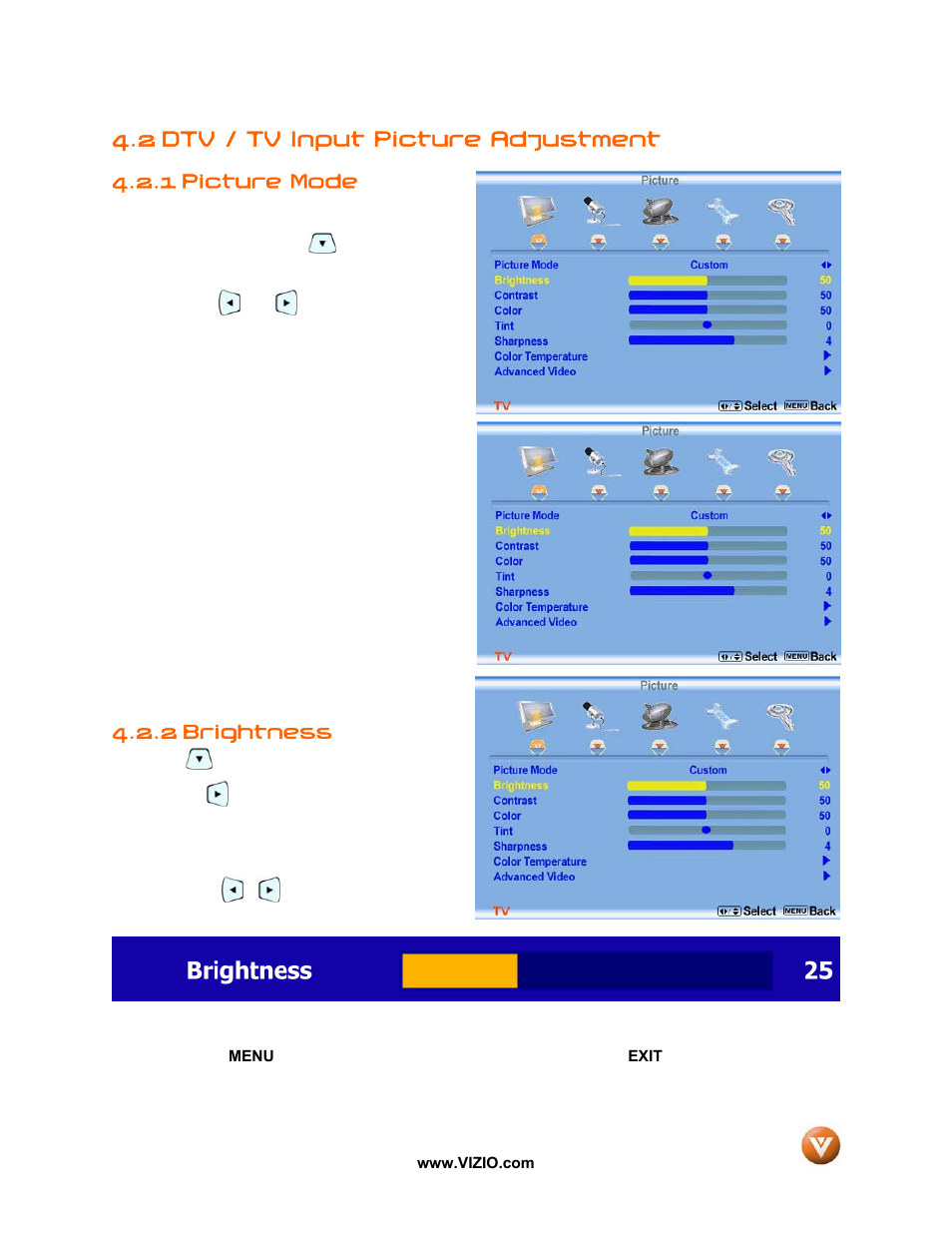 2 dtv / tv input picture adjustment, Picture mode, 2 brightness | 1 picture mode | Vizio VP50 HDTV20A User Manual | Page 37 / 77
