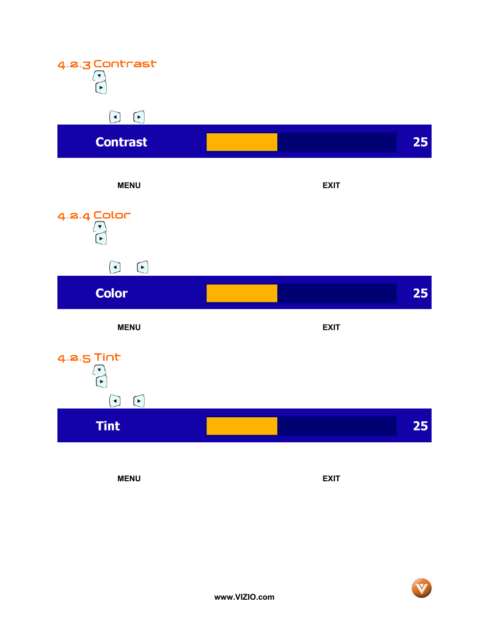 Contrast, Color, Tint | 3 contrast, 4 color, 5 tint | Vizio VP50 HDTV20A User Manual | Page 38 / 77