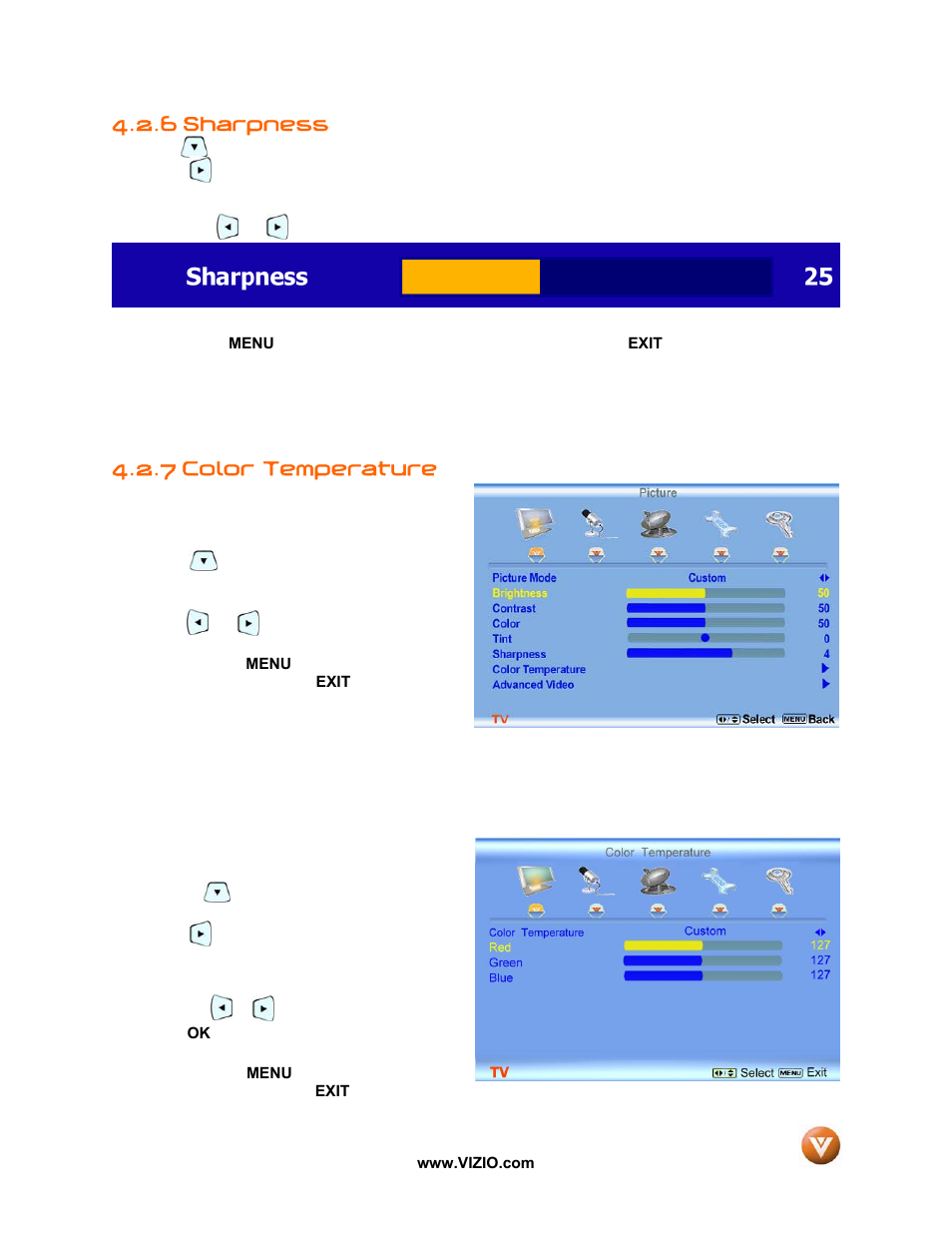 Sharpness, Color temperature, 6 sharpness | 7 color temperature | Vizio VP50 HDTV20A User Manual | Page 39 / 77