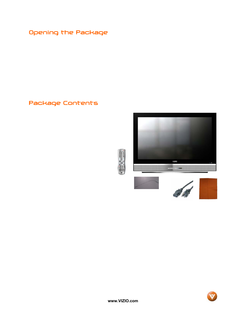 Opening the package, Package contents | Vizio VP50 HDTV20A User Manual | Page 4 / 77