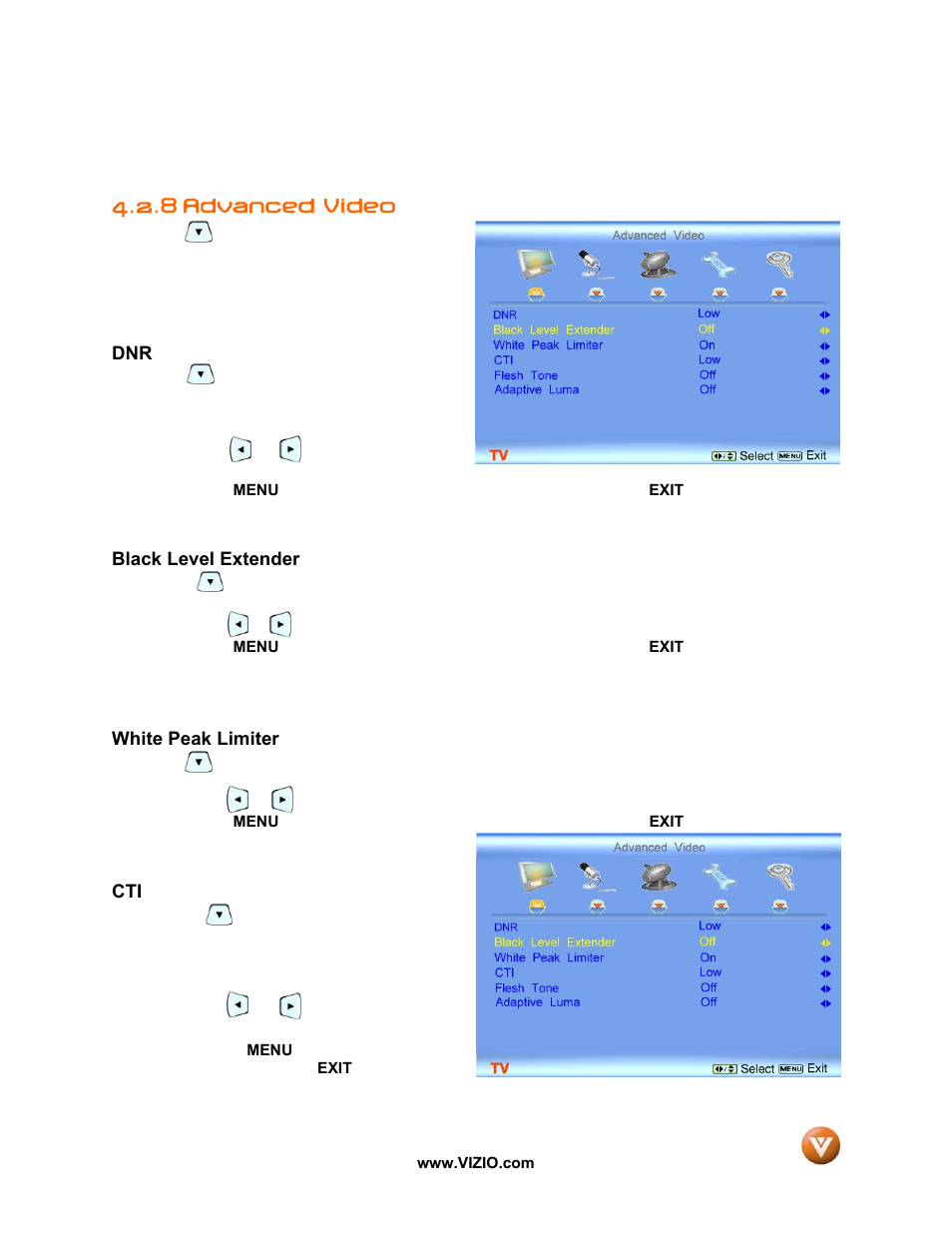8 advanced video, Black level extender, White peak limiter | Vizio VP50 HDTV20A User Manual | Page 40 / 77