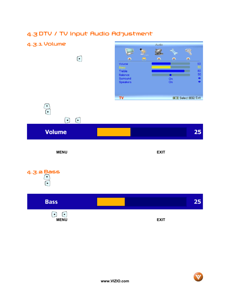 3 dtv / tv input audio adjustment, Volume, Bass | 1 volume, 2 bass | Vizio VP50 HDTV20A User Manual | Page 42 / 77