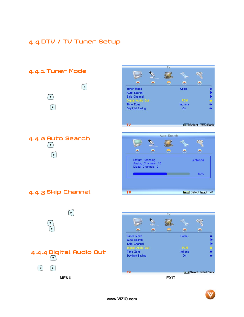 4 dtv / tv tuner setup, Tuner mode, Auto search | 3 skip channel, Digital audio out, 1 tuner mode, 2 auto search, 4 digital audio out | Vizio VP50 HDTV20A User Manual | Page 44 / 77