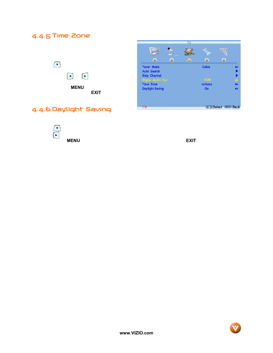 5 time zone, 6 daylight saving | Vizio VP50 HDTV20A User Manual | Page 45 / 77