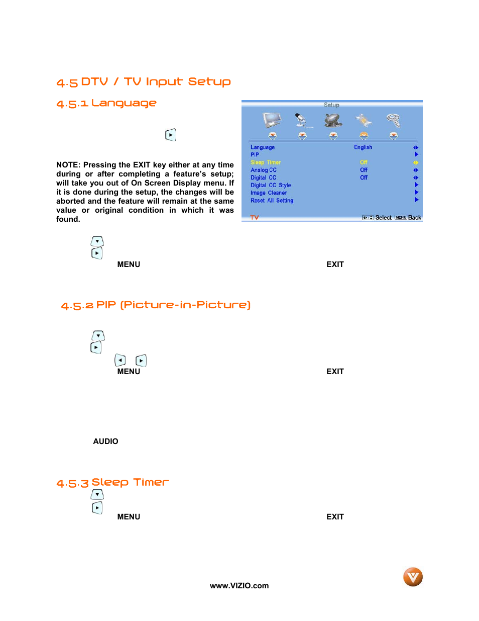 5 dtv / tv input setup, Language, 2 pip (picture-in-picture) | Sleep timer, 1 language, 3 sleep timer | Vizio VP50 HDTV20A User Manual | Page 46 / 77