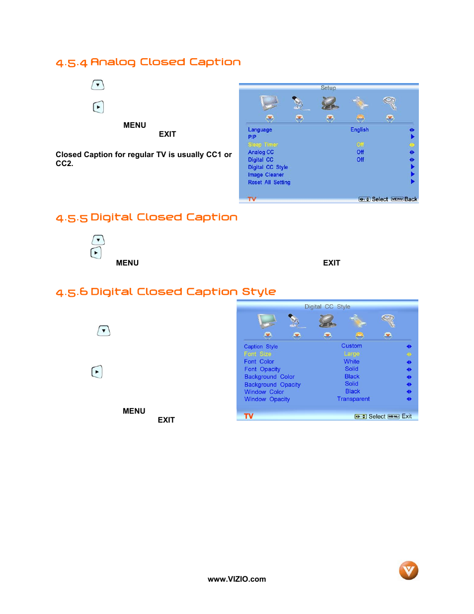 4 analog closed caption, 5 digital closed caption, Digital closed caption style | 6 digital closed caption style | Vizio VP50 HDTV20A User Manual | Page 47 / 77