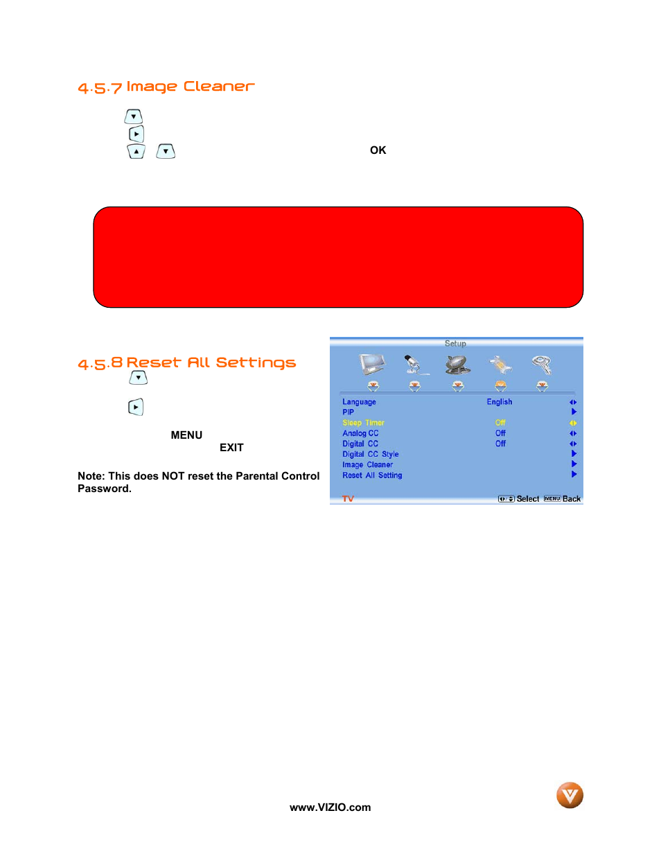 7 image cleaner, Reset all settings, 8 reset all settings | Vizio VP50 HDTV20A User Manual | Page 48 / 77