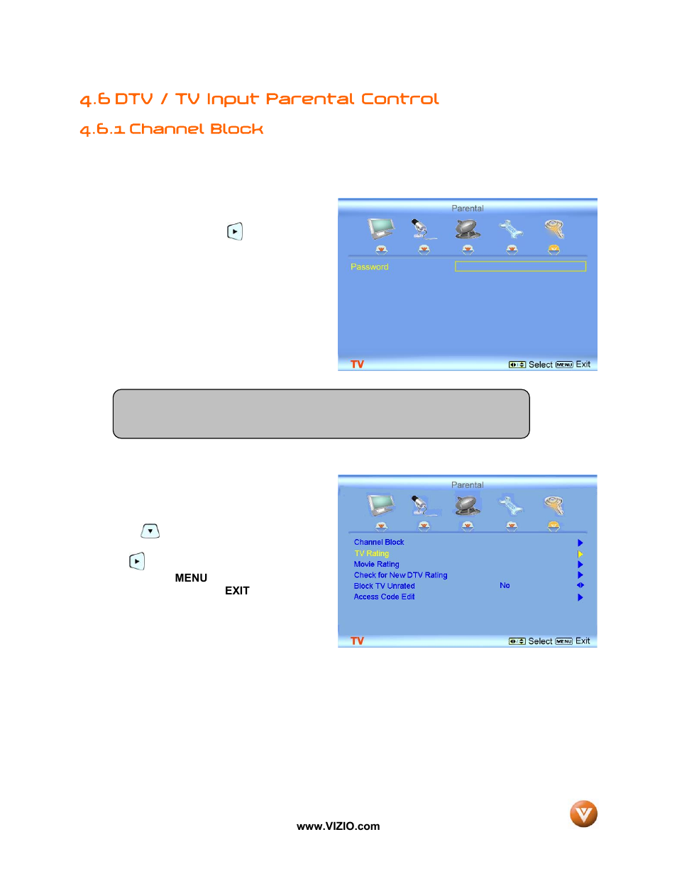 6 dtv / tv input parental control, 1 channel block | Vizio VP50 HDTV20A User Manual | Page 49 / 77