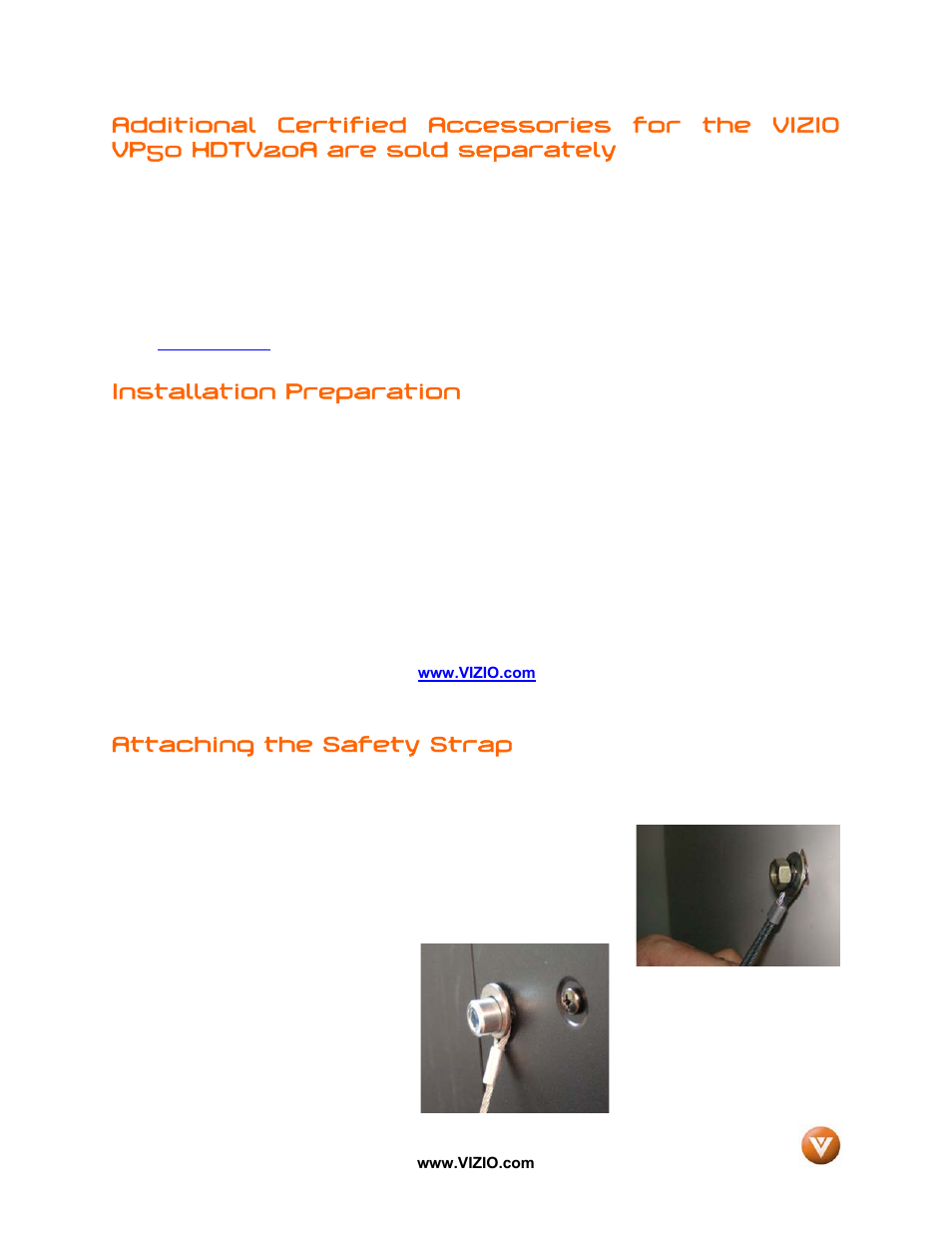 Installation preparation, Attaching the safety strap | Vizio VP50 HDTV20A User Manual | Page 5 / 77