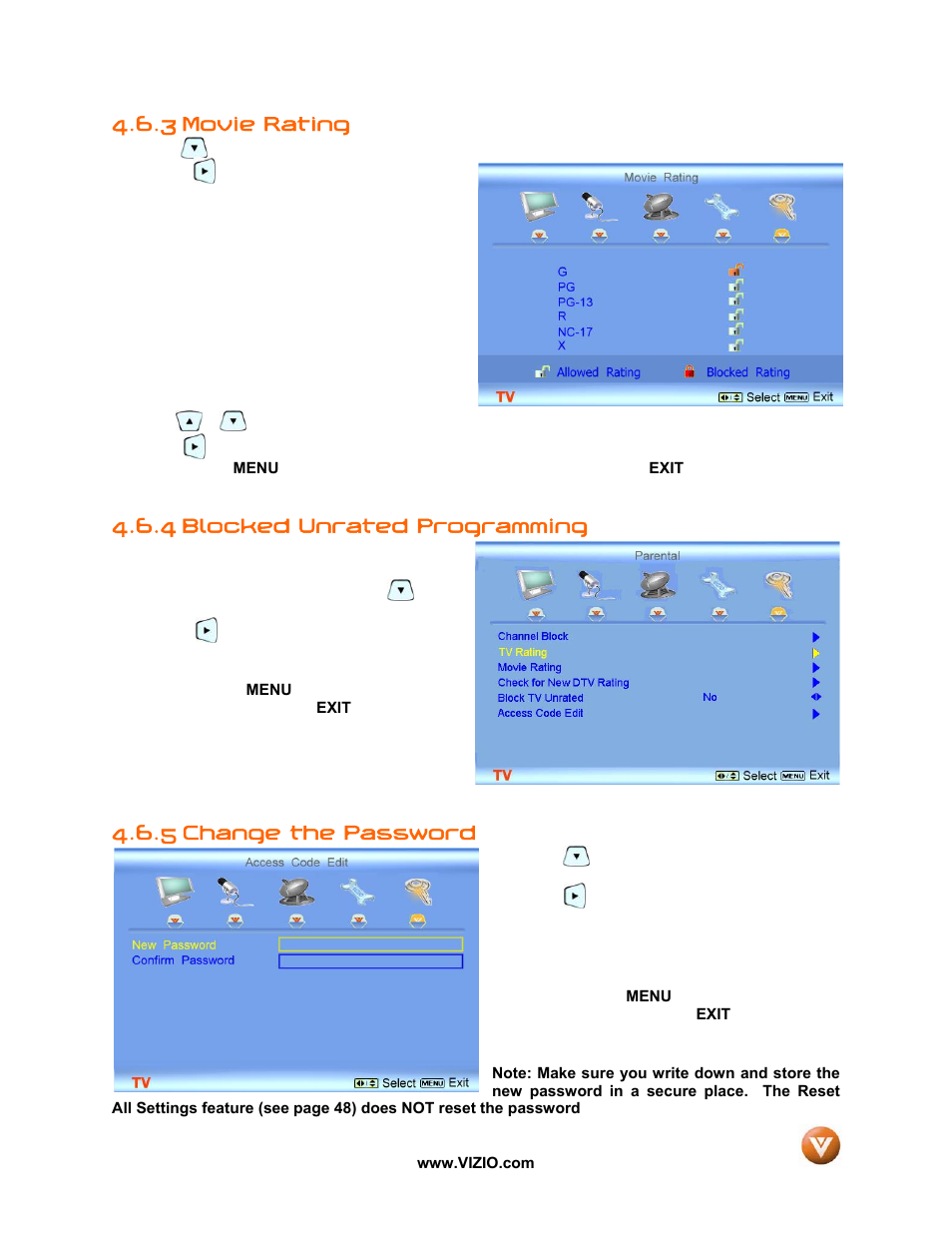 Movie rating, 4 blocked unrated programming, Change the password | 3 movie rating, 5 change the password | Vizio VP50 HDTV20A User Manual | Page 51 / 77