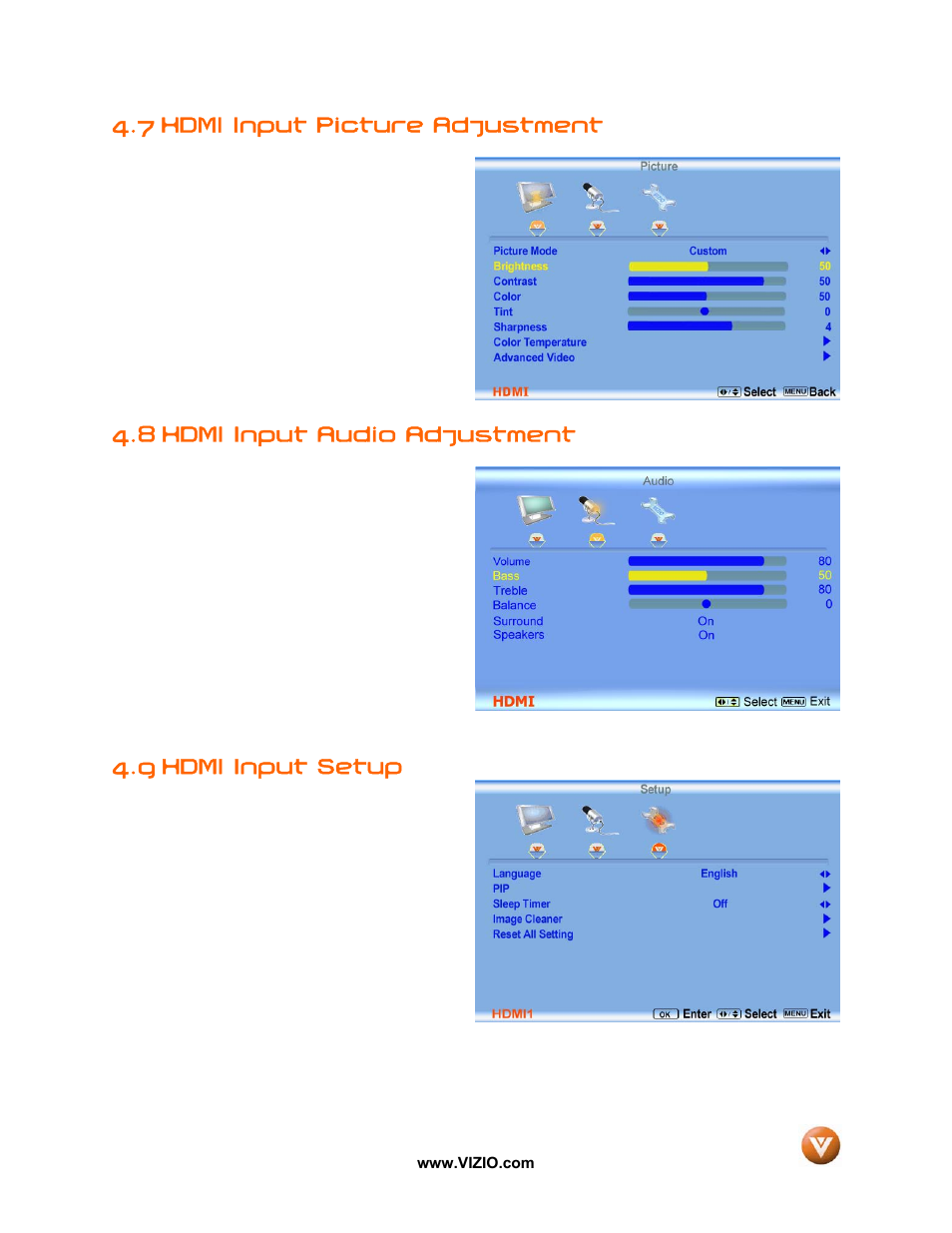 7 hdmi input picture adjustment, 8 hdmi input audio adjustment, Hdmi input setup | 9 hdmi input setup | Vizio VP50 HDTV20A User Manual | Page 52 / 77