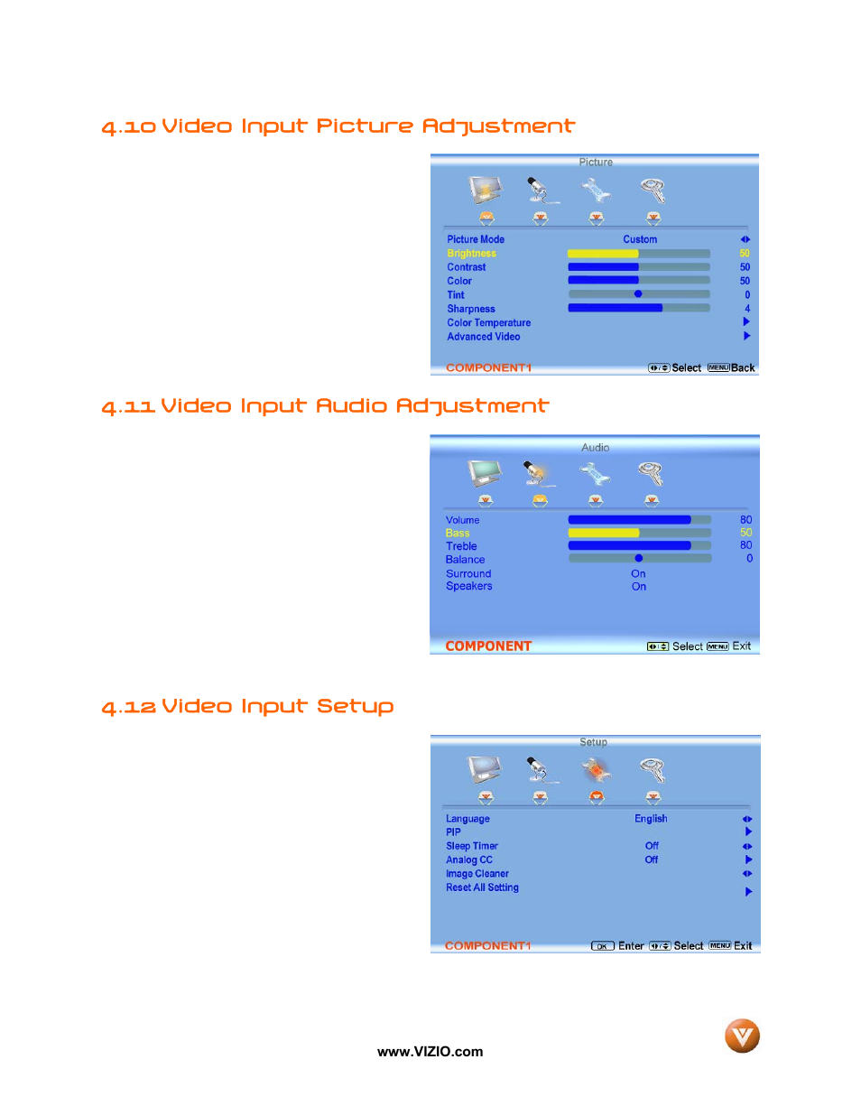 10 video input picture adjustment, 11 video input audio adjustment, 12 video input setup | Vizio VP50 HDTV20A User Manual | Page 53 / 77