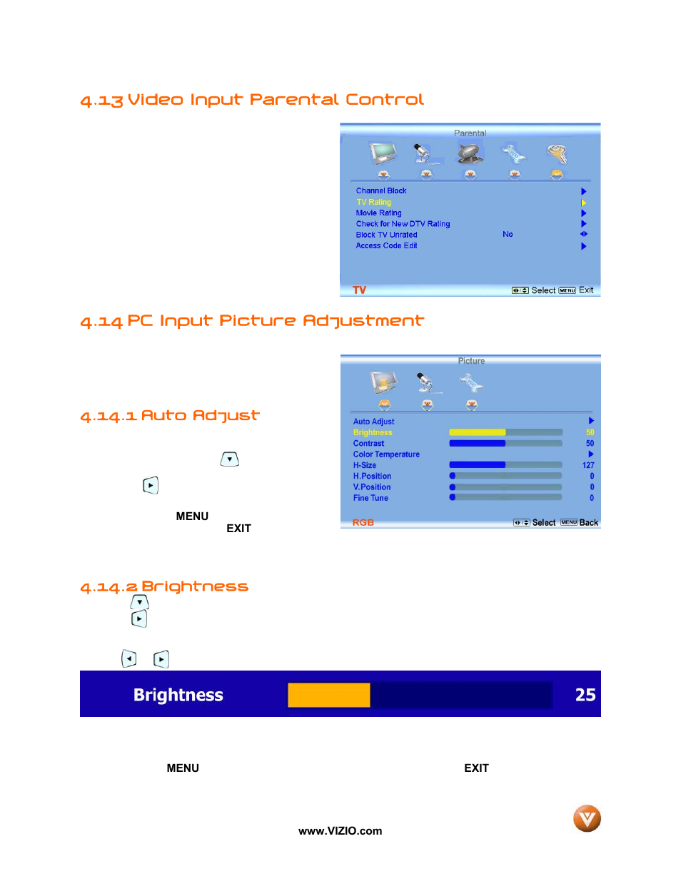 13 video input parental control, 14 pc input picture adjustment, 1 auto adjust | Brightness, 2 brightness | Vizio VP50 HDTV20A User Manual | Page 54 / 77