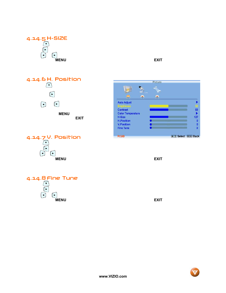 H-size, H. position, V. position | Fine tune, 5 h-size, 6 h. position, 7 v. position, 8 fine tune | Vizio VP50 HDTV20A User Manual | Page 56 / 77