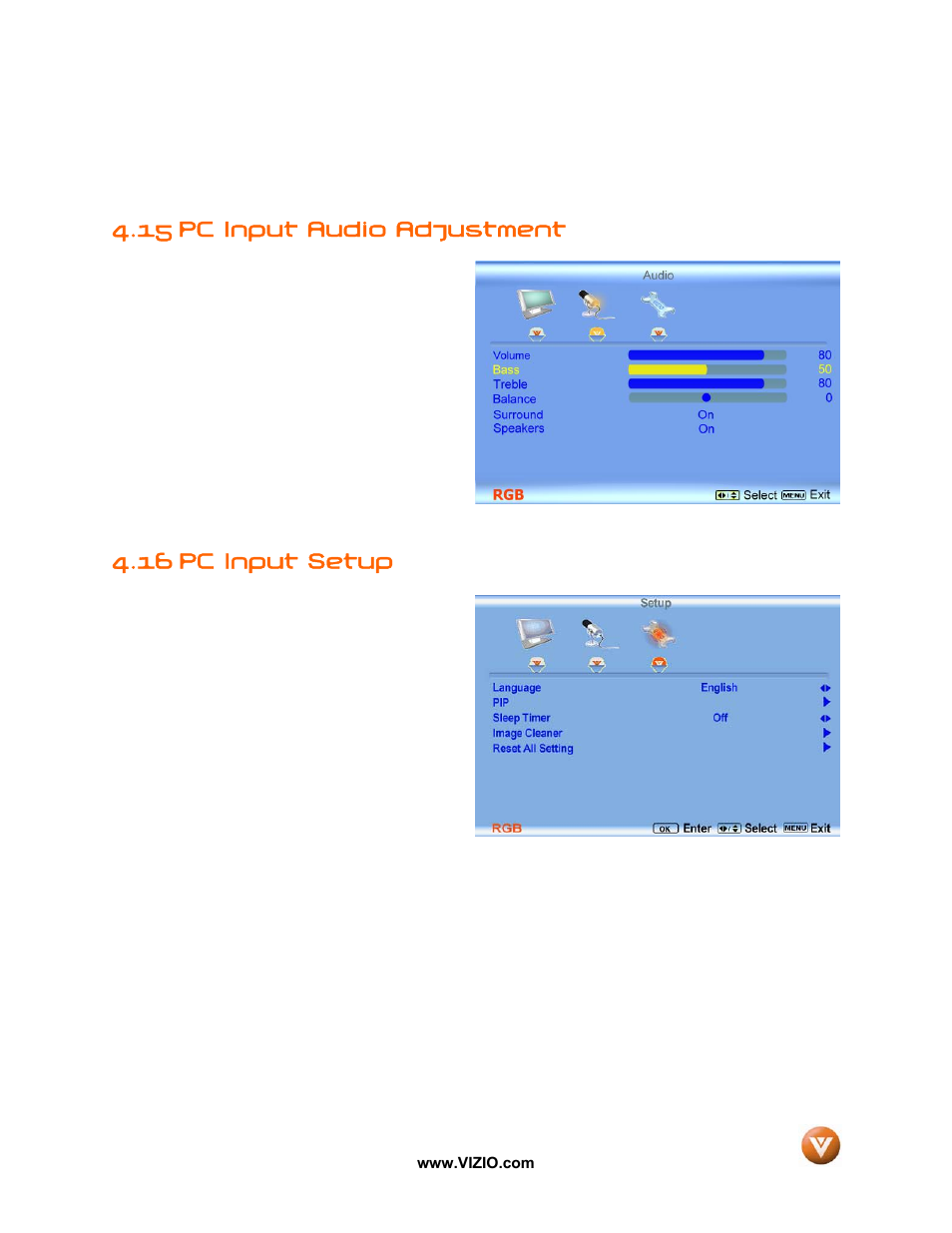 15 pc input audio adjustment, 16 pc input setup | Vizio VP50 HDTV20A User Manual | Page 57 / 77