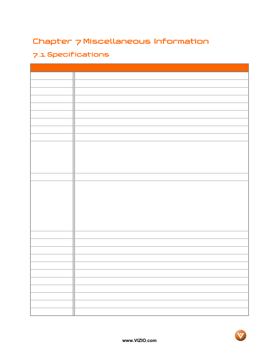 Chapter 7 miscellaneous information, 1 specifications | Vizio VP50 HDTV20A User Manual | Page 66 / 77
