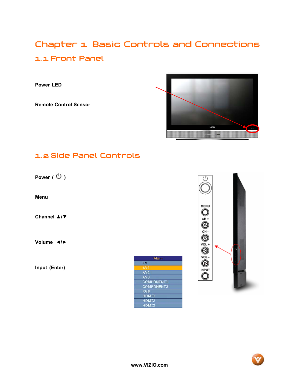 Chapter 1 basic controls and connections, Front panel, 2 side panel controls | 1 front panel | Vizio VP50 HDTV20A User Manual | Page 9 / 77