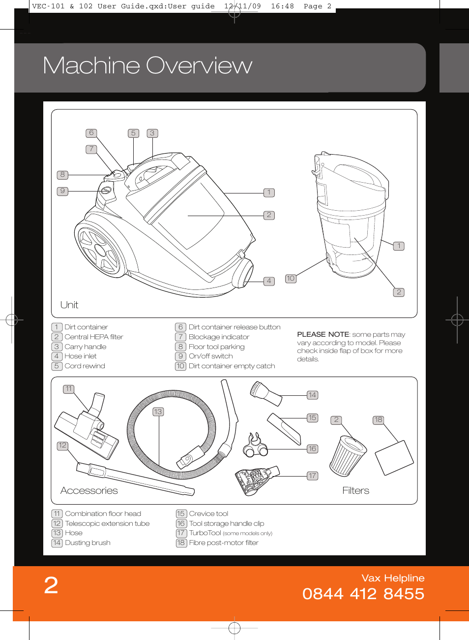 Machine overview, Unit accessories, Vax helpline | Filters | Vizio VEC-101 User Manual | Page 2 / 10