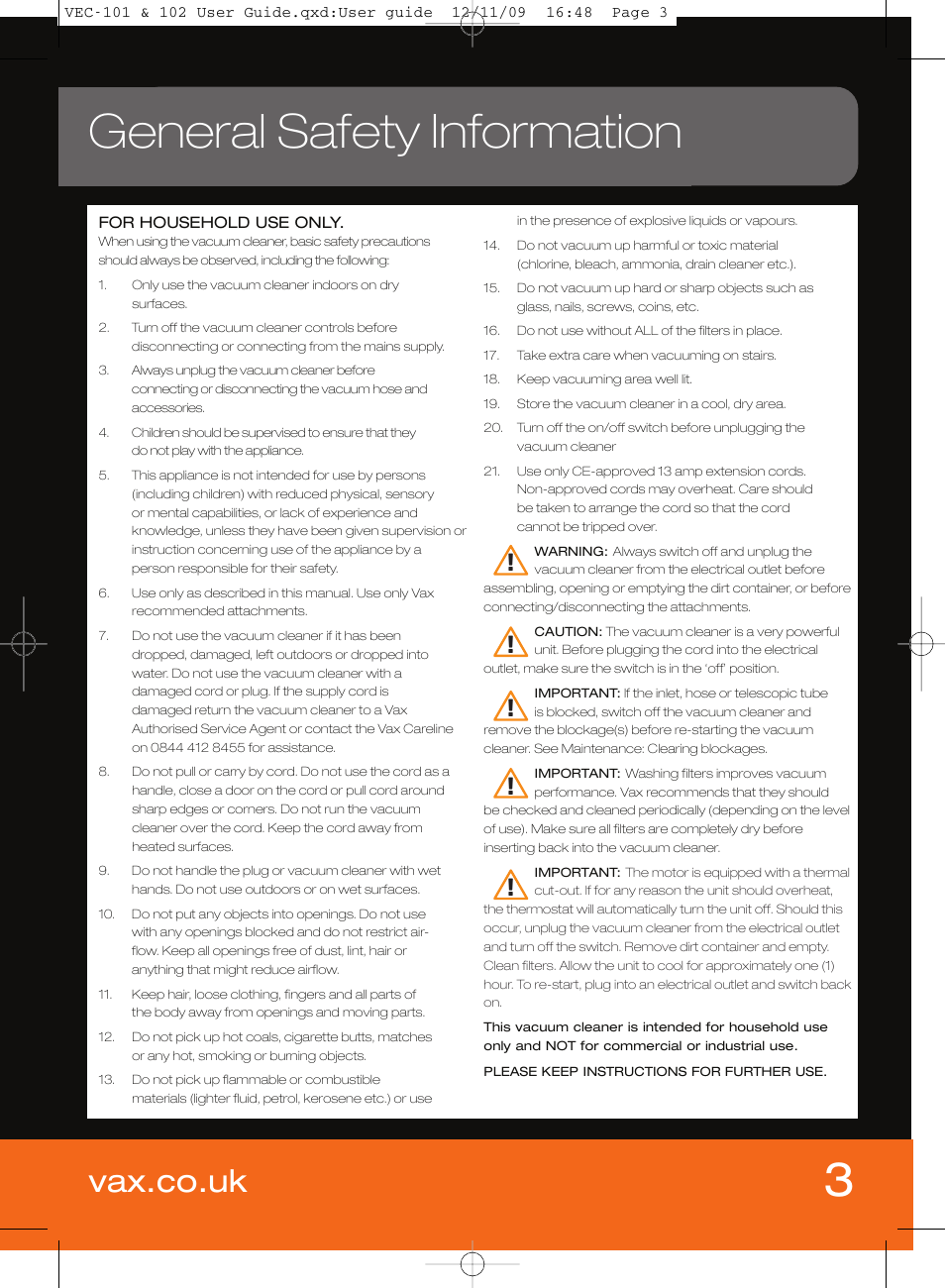 General safety information, Vax.co.uk | Vizio VEC-101 User Manual | Page 3 / 10