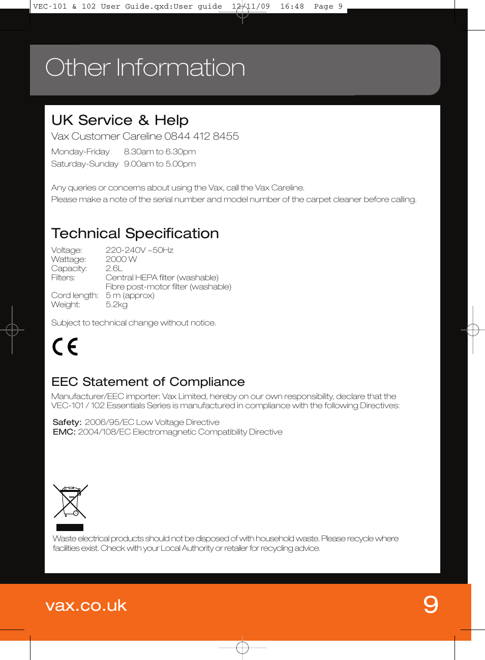 Other information, Vax.co.uk, Uk service & help | Technical specification, Eec statement of compliance | Vizio VEC-101 User Manual | Page 9 / 10