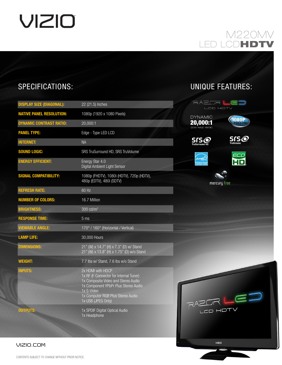 Vizio M220MV User Manual | 1 page