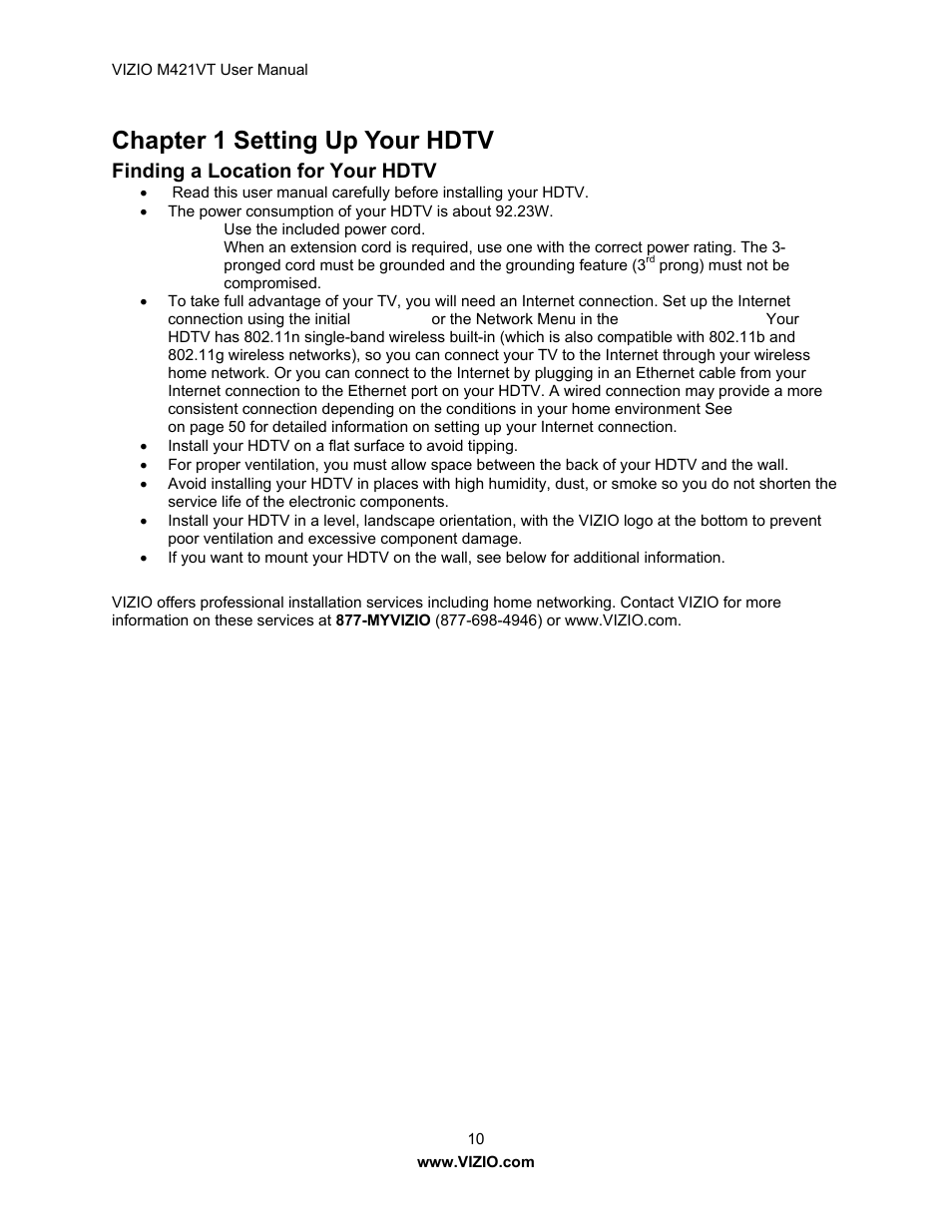 Chapter 1 setting up your hdtv, Finding a location for your hdtv | Vizio M421VT User Manual | Page 10 / 65
