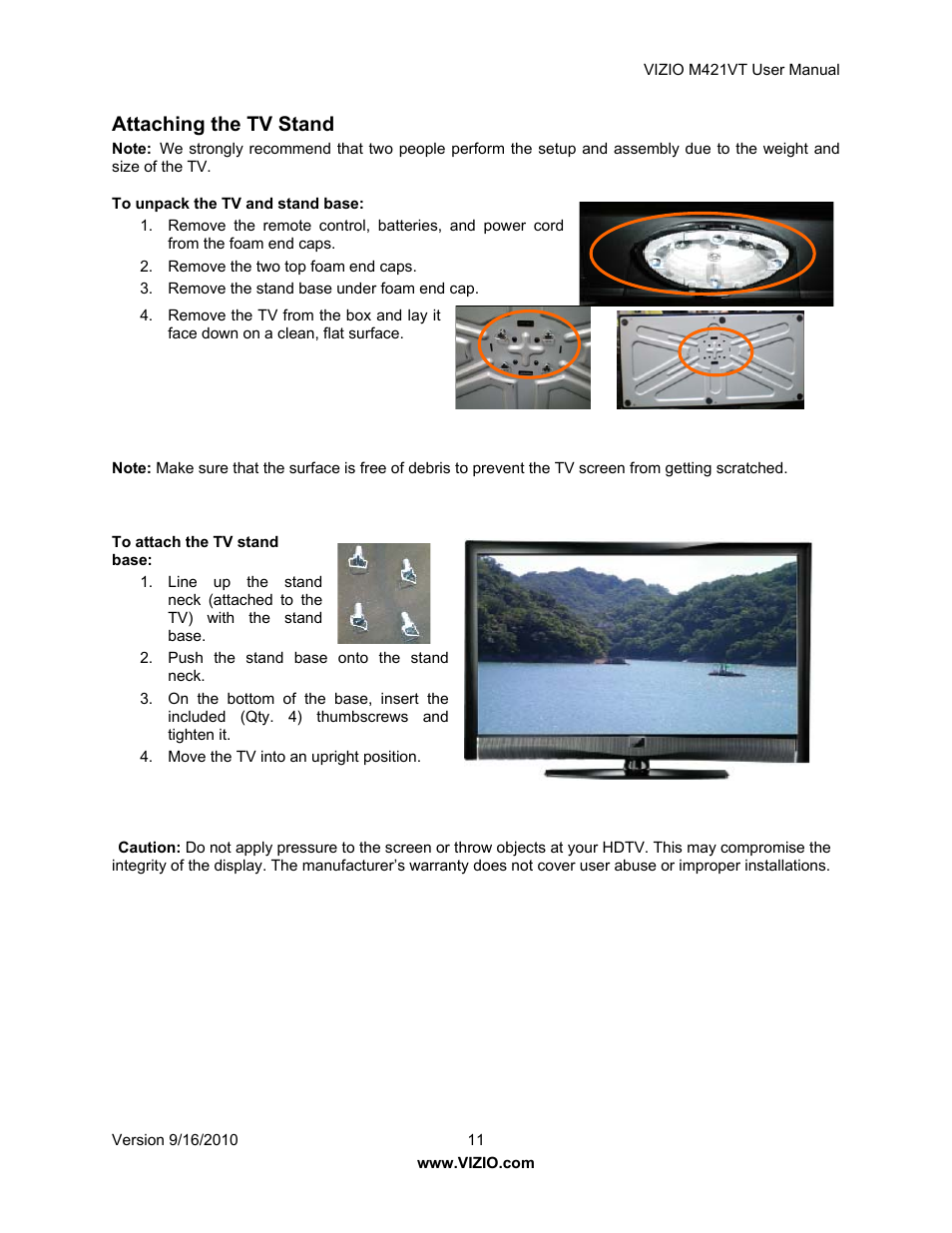Attaching the tv stand | Vizio M421VT User Manual | Page 11 / 65