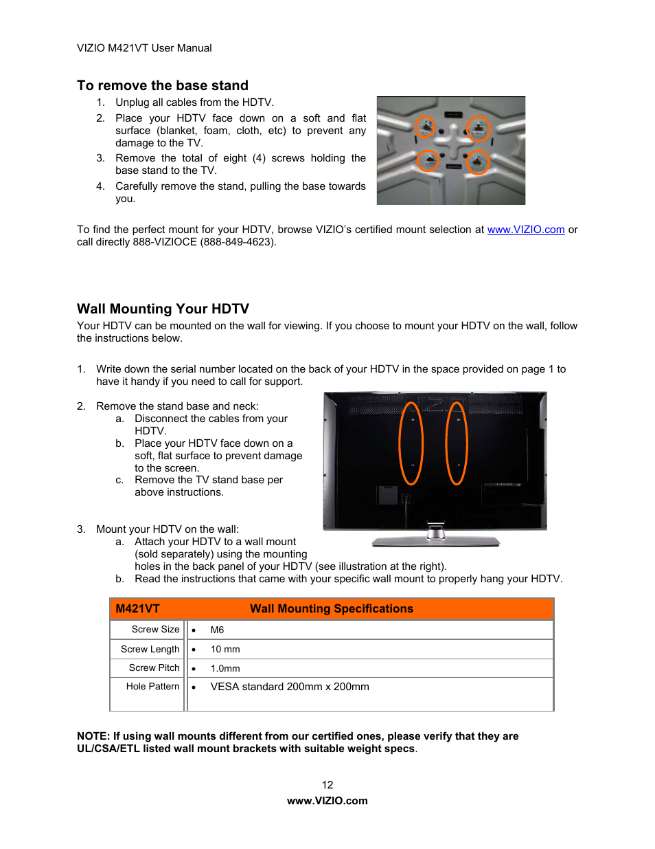 Wall mounting your hdtv | Vizio M421VT User Manual | Page 12 / 65