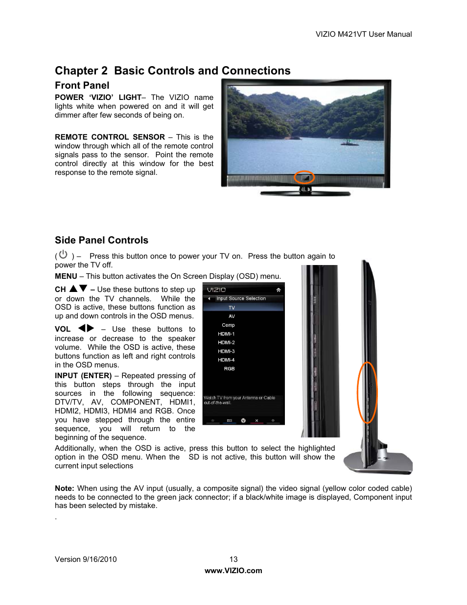 Chapter 2 basic controls and connections, Front panel, Side panel controls | Vizio M421VT User Manual | Page 13 / 65