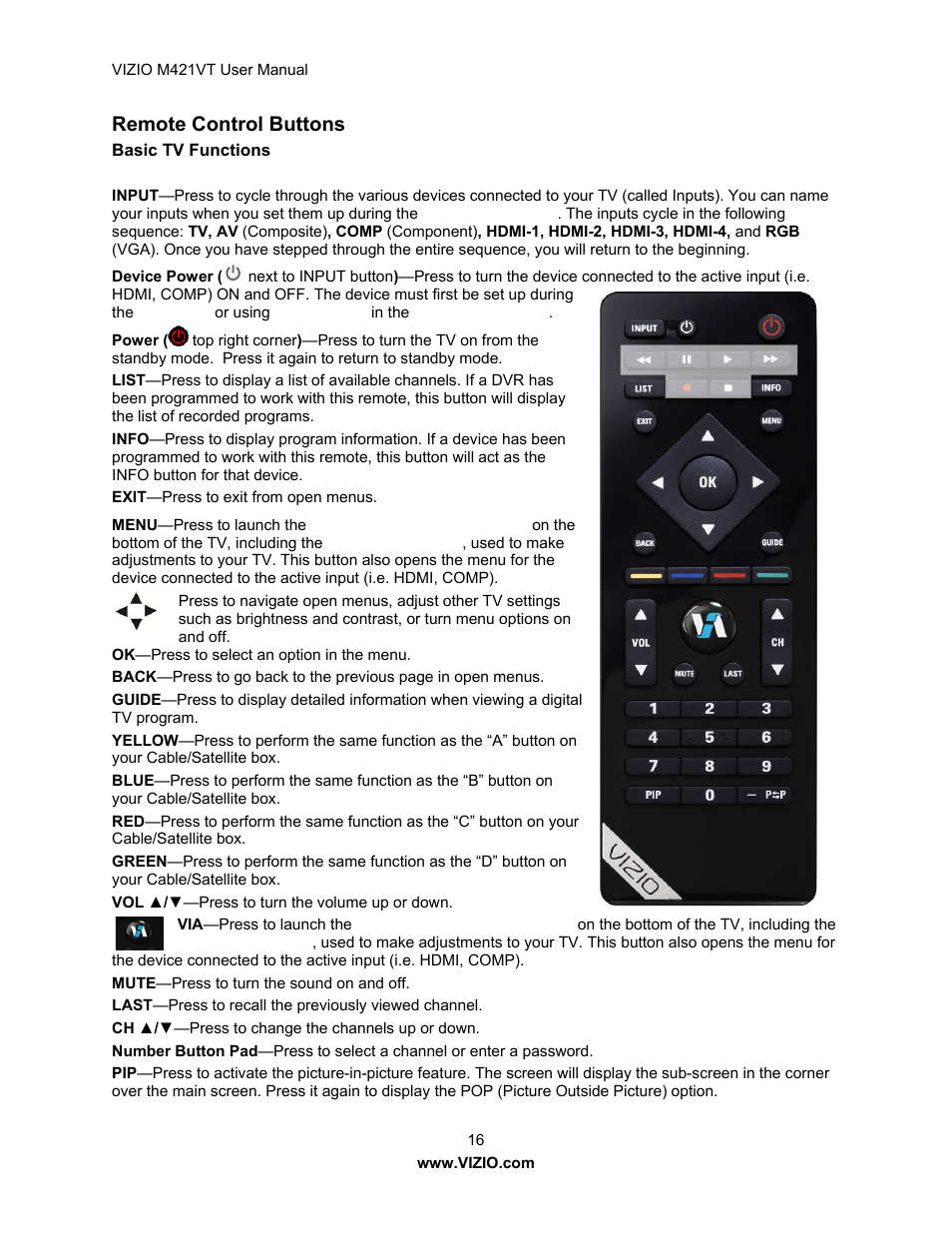 Remote control buttons | Vizio M421VT User Manual | Page 16 / 65