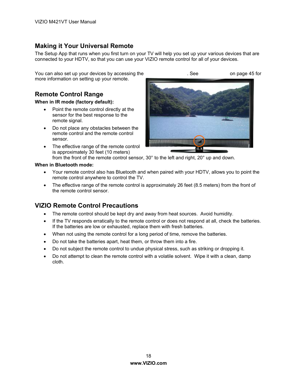 Making it your universal remote, Remote control range, Vizio remote control precautions | Vizio M421VT User Manual | Page 18 / 65