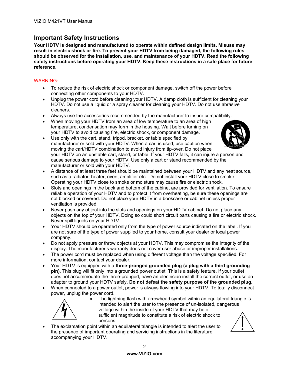 Important safety instructions | Vizio M421VT User Manual | Page 2 / 65
