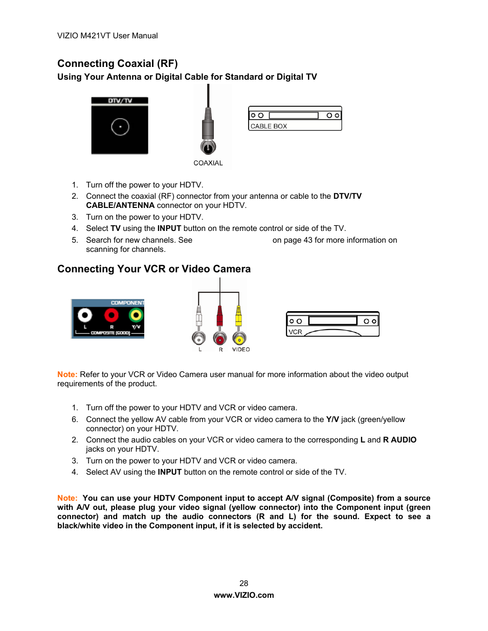 Connecting coaxial (rf), Connecting your vcr or video camera | Vizio M421VT User Manual | Page 28 / 65