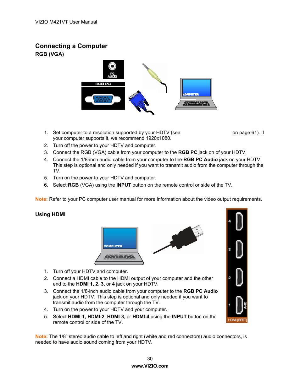 Connecting a computer | Vizio M421VT User Manual | Page 30 / 65
