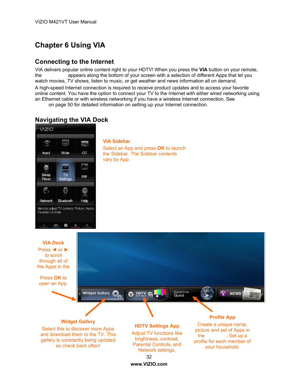 Chapter 6 using via, Connecting to the internet, Navigating the via dock | Vizio M421VT User Manual | Page 32 / 65