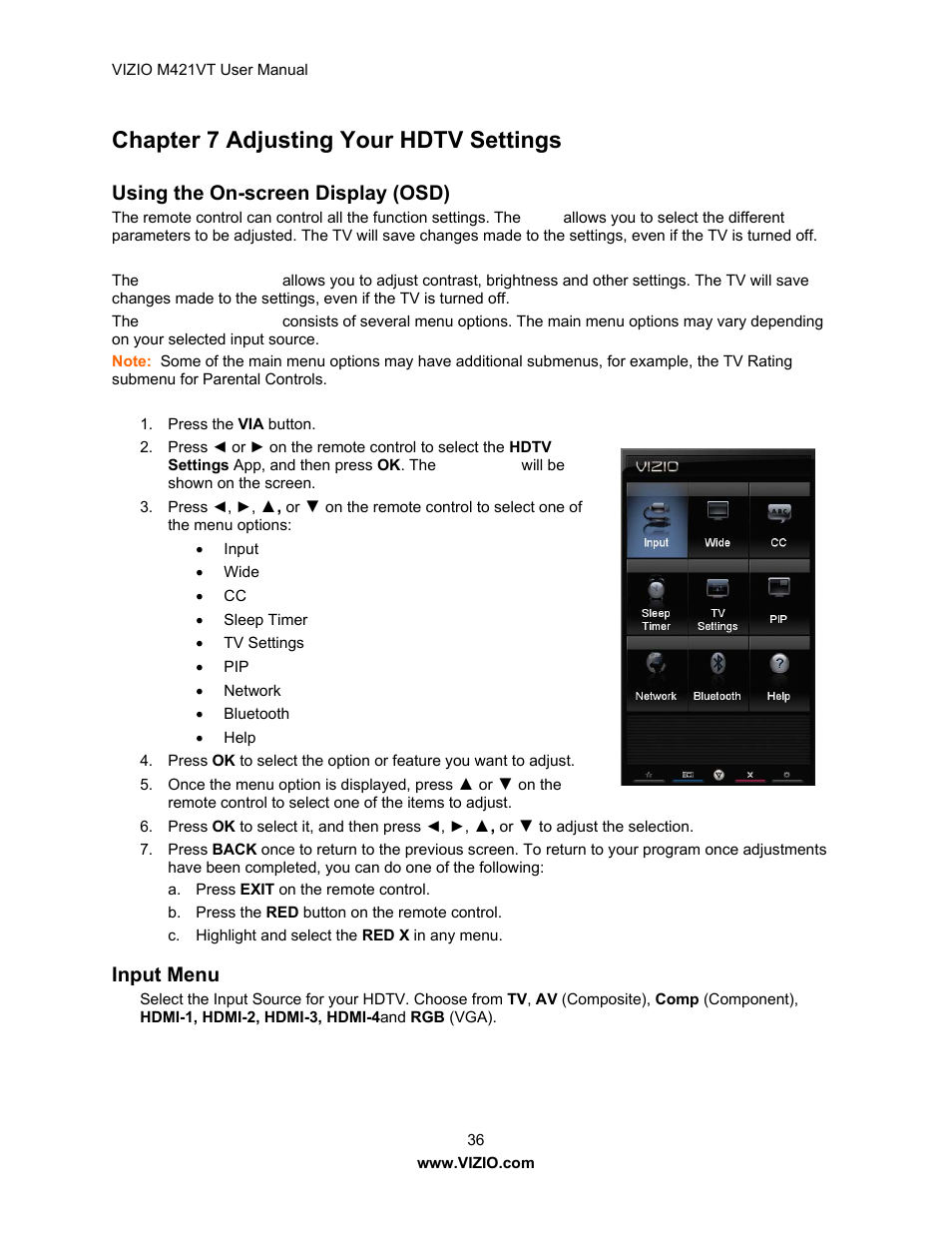 Chapter 7 adjusting your hdtv settings, Using the on-screen display (osd), Input menu | Vizio M421VT User Manual | Page 36 / 65
