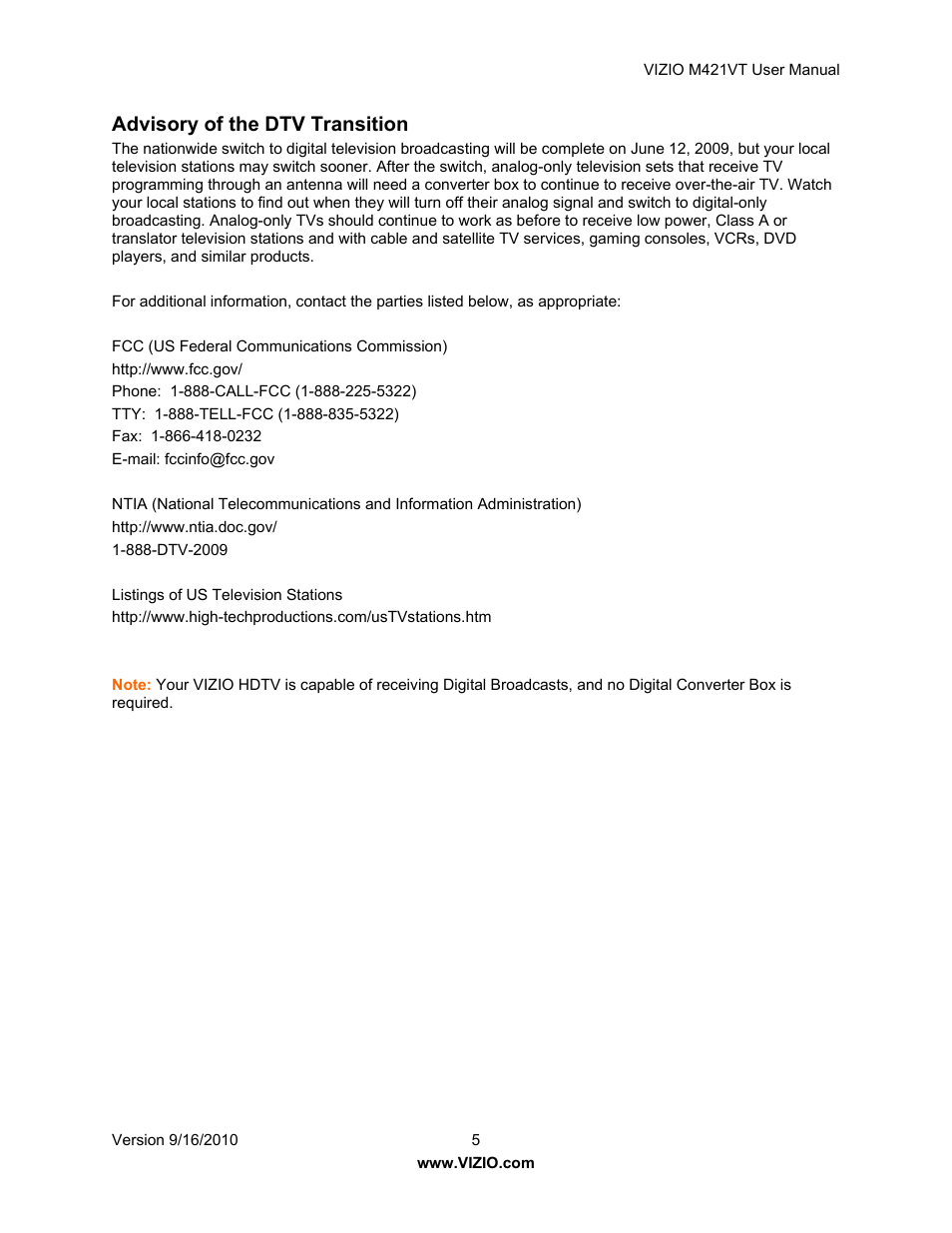 Advisory of the dtv transition | Vizio M421VT User Manual | Page 5 / 65