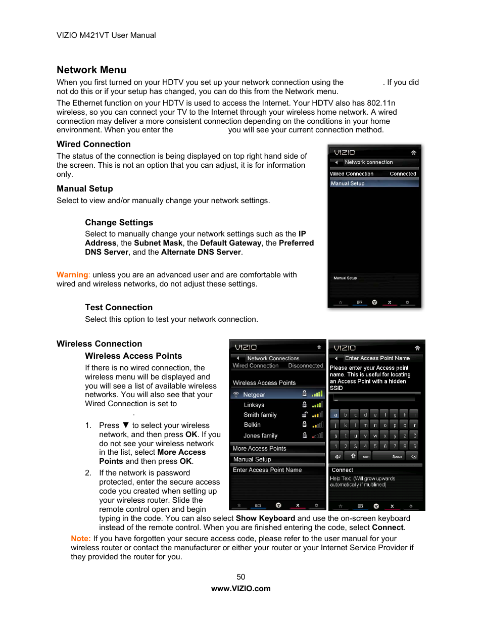 Network menu | Vizio M421VT User Manual | Page 50 / 65