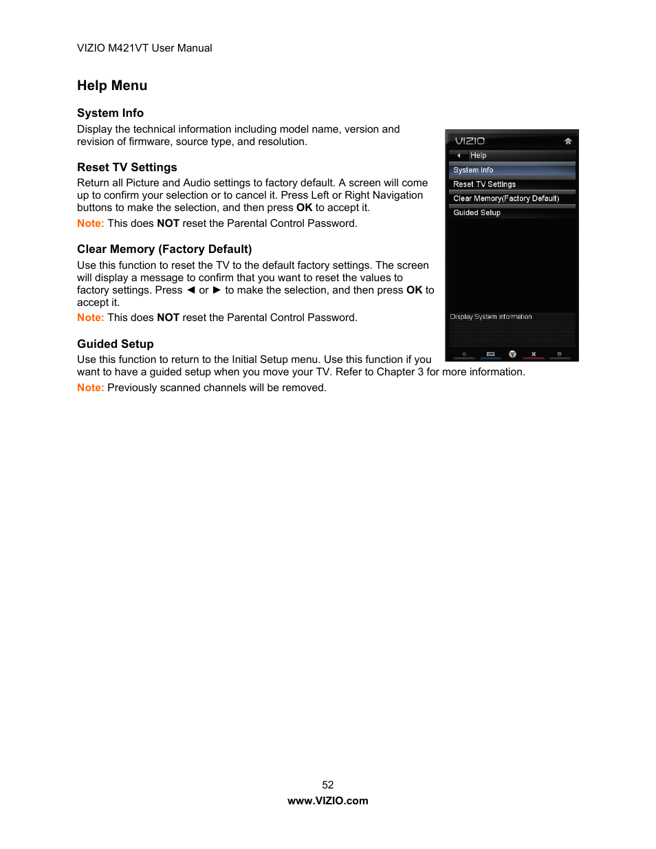 Help menu | Vizio M421VT User Manual | Page 52 / 65