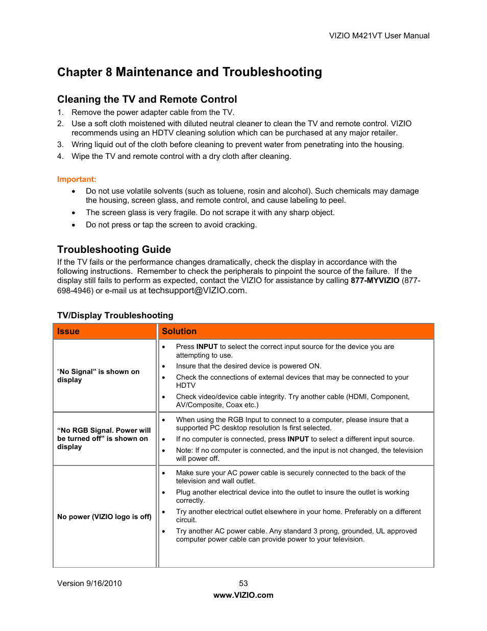 Maintenance and troubleshooting, Chapter 8, Cleaning the tv and remote control | Troubleshooting guide | Vizio M421VT User Manual | Page 53 / 65