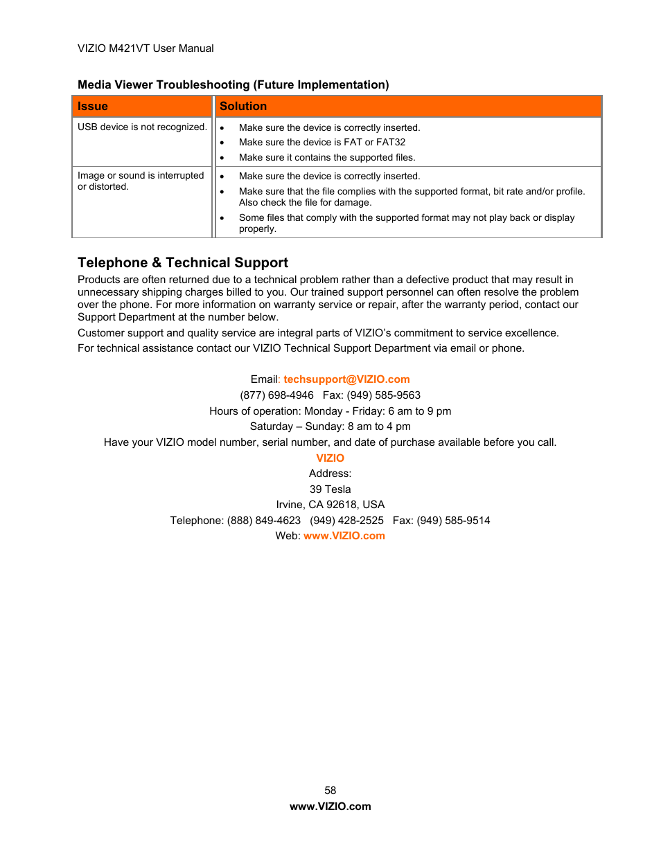 Telephone & technical support | Vizio M421VT User Manual | Page 58 / 65
