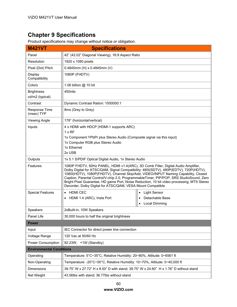 Chapter 9 specifications, M421vt specifications | Vizio M421VT User Manual | Page 60 / 65