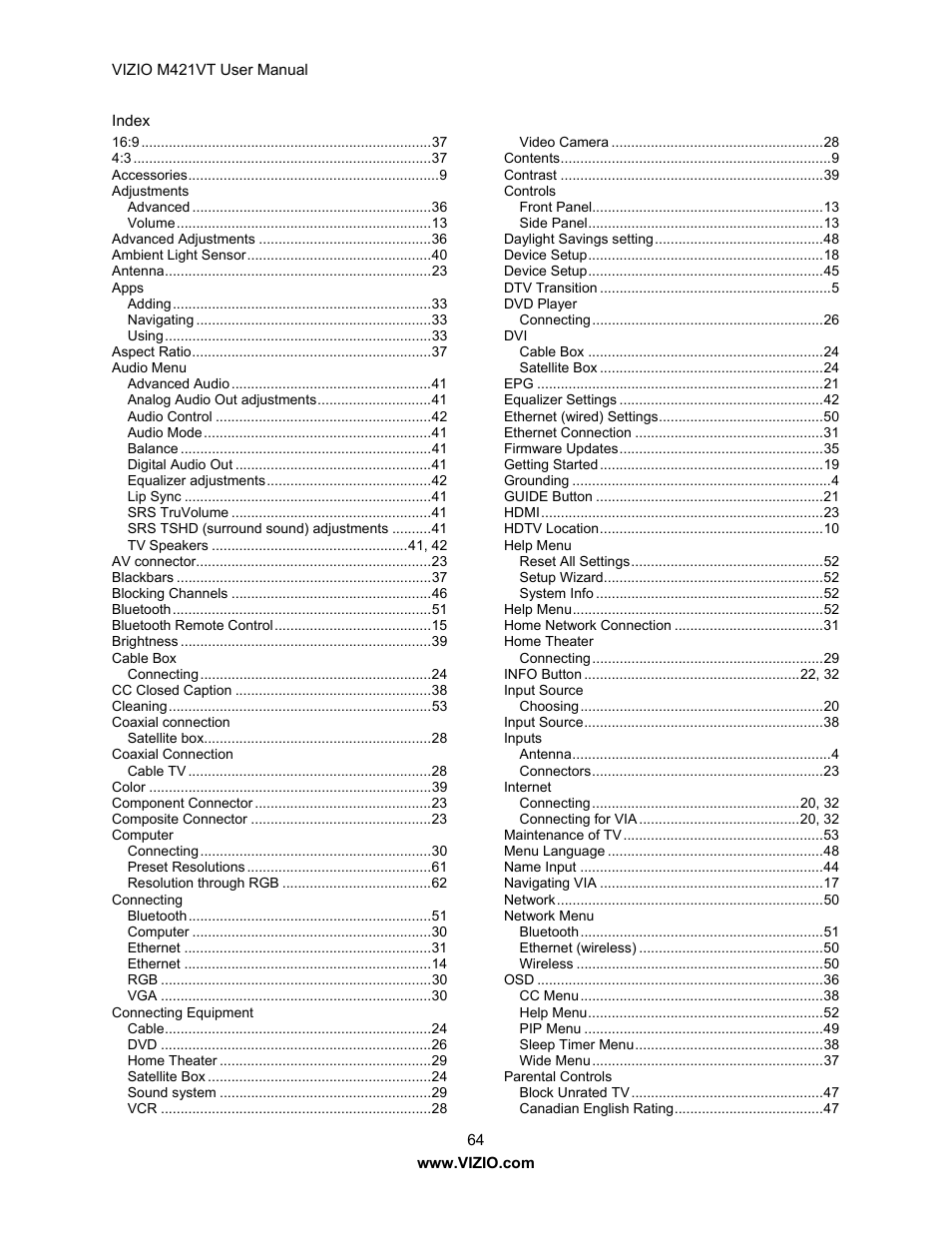 Vizio M421VT User Manual | Page 64 / 65