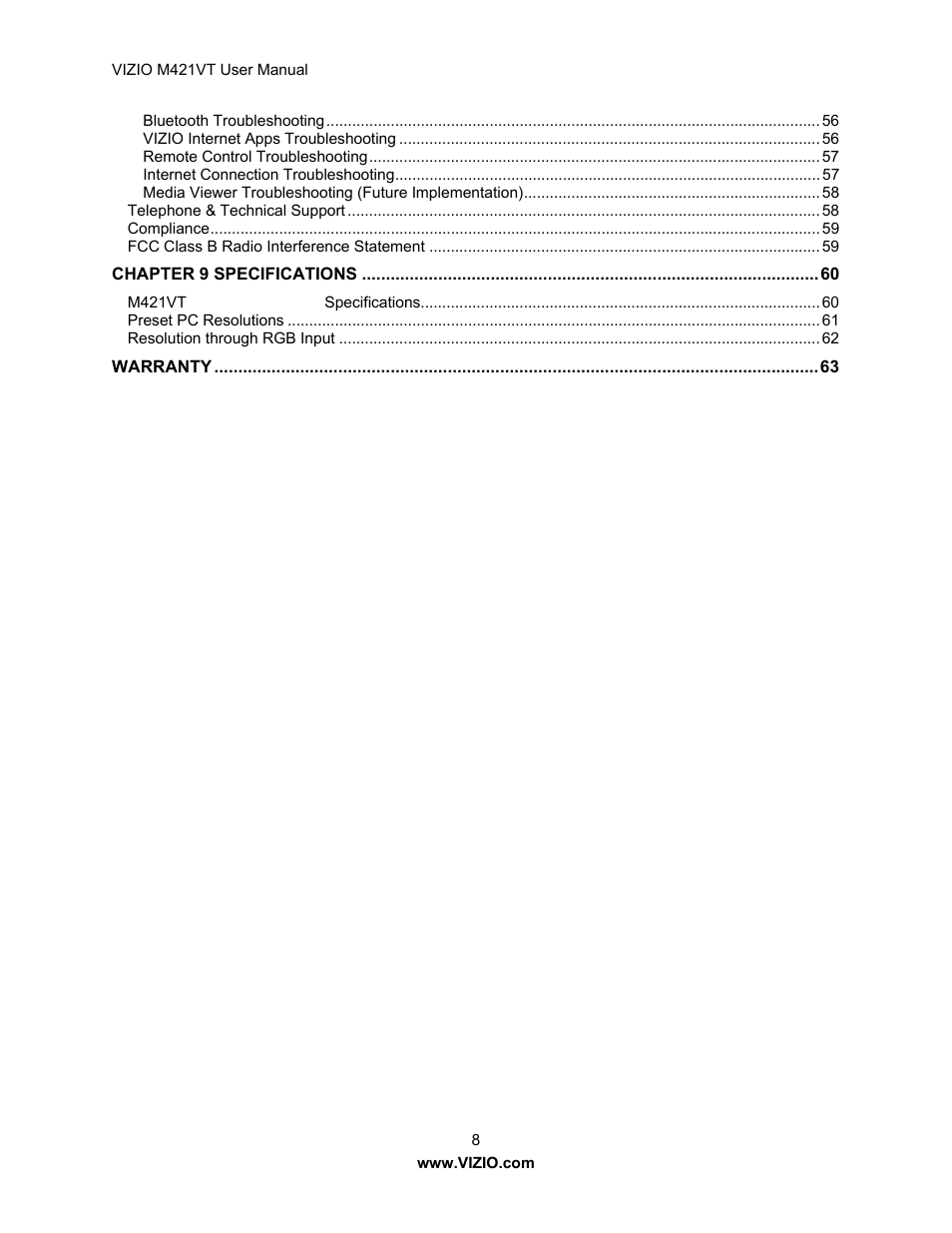 Vizio M421VT User Manual | Page 8 / 65