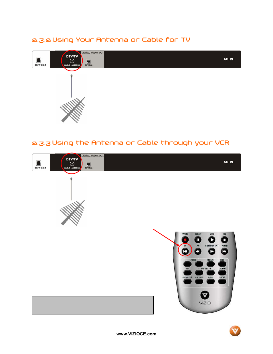 2 using your antenna or cable for tv, 3 using the antenna or cable through your vcr | Vizio VP50HDTV User Manual | Page 19 / 73