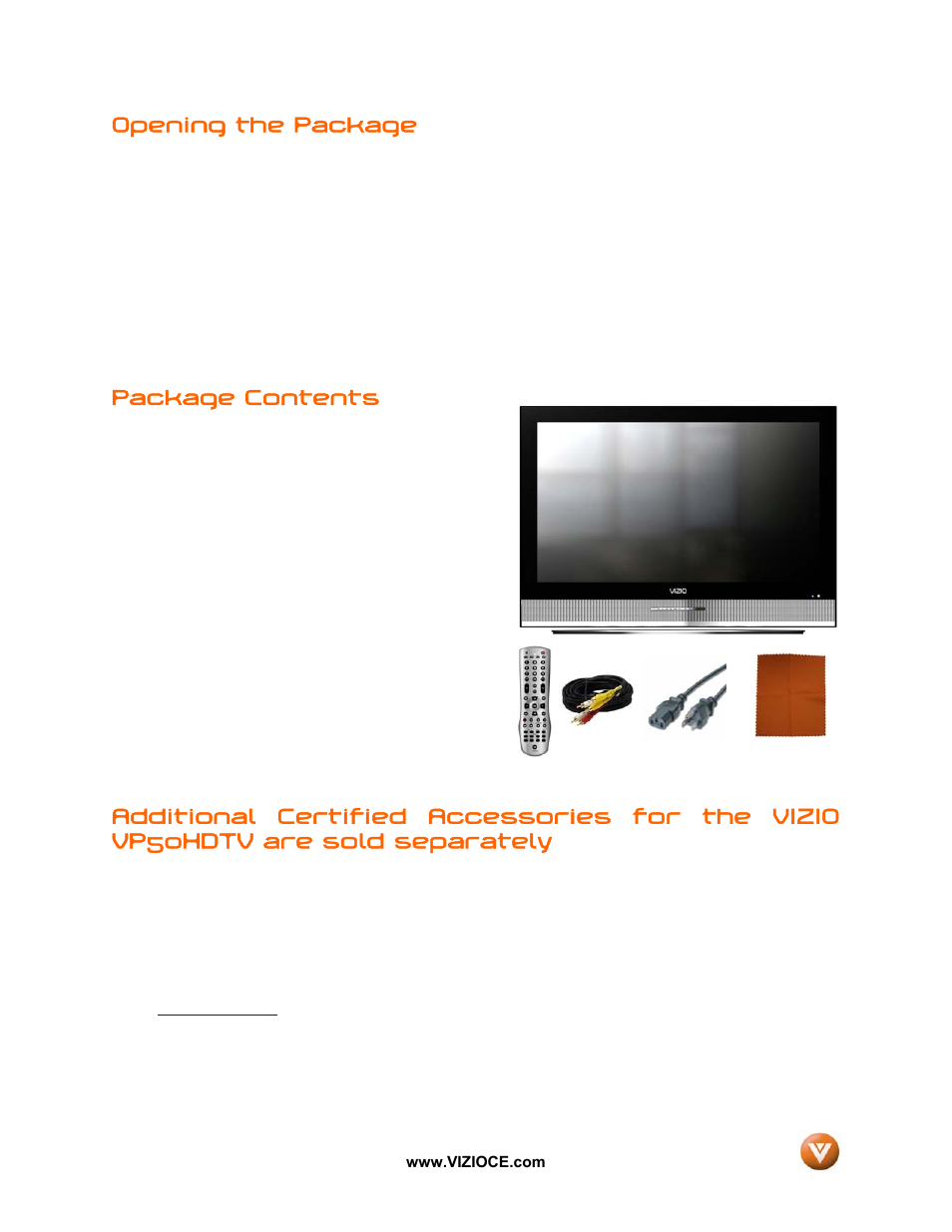 Opening the package, Package contents | Vizio VP50HDTV User Manual | Page 4 / 73