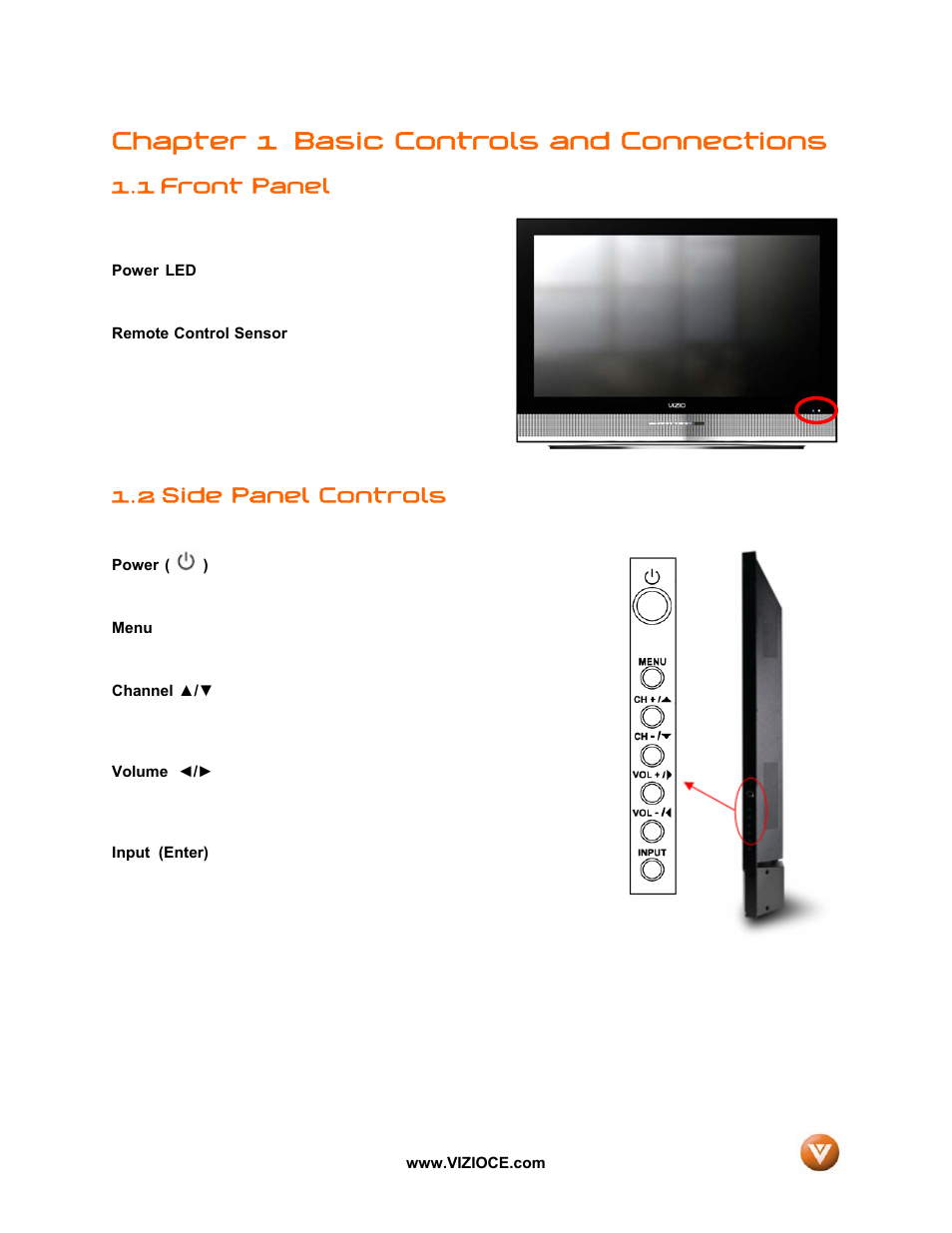 Chapter 1 basic controls and connections, Front panel, 2 side panel controls | 1 front panel | Vizio VP50HDTV User Manual | Page 8 / 73