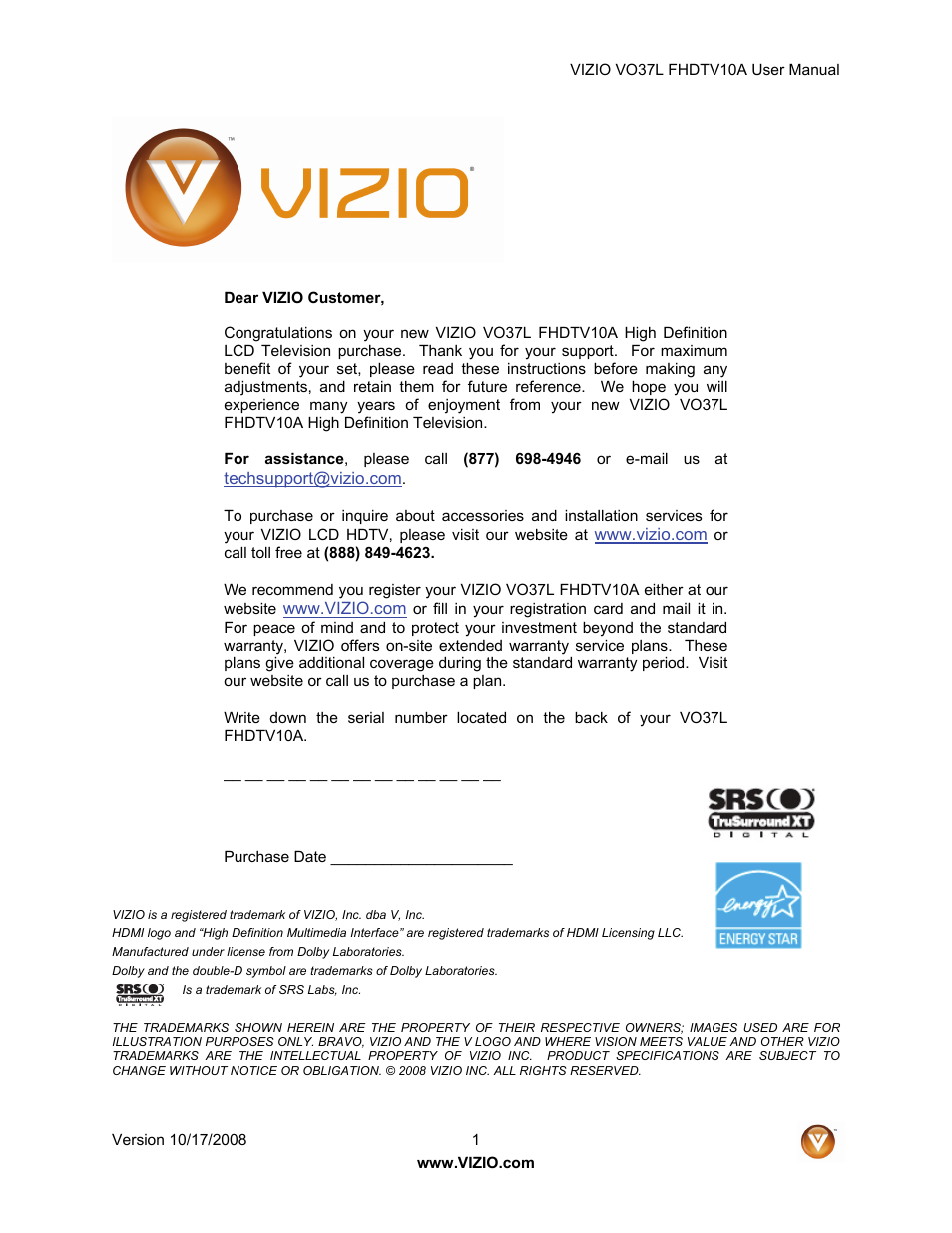 Vizio VO37L FHDTV10A User Manual | 80 pages